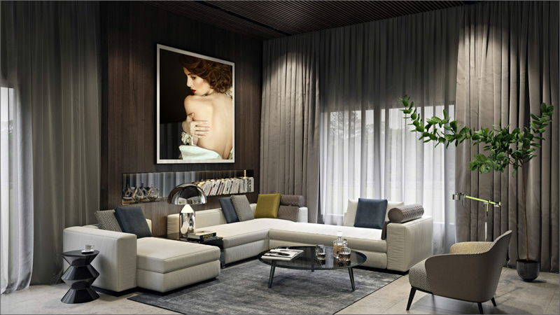 Amazing large print of boudoir bride hanged on a dark living room wall