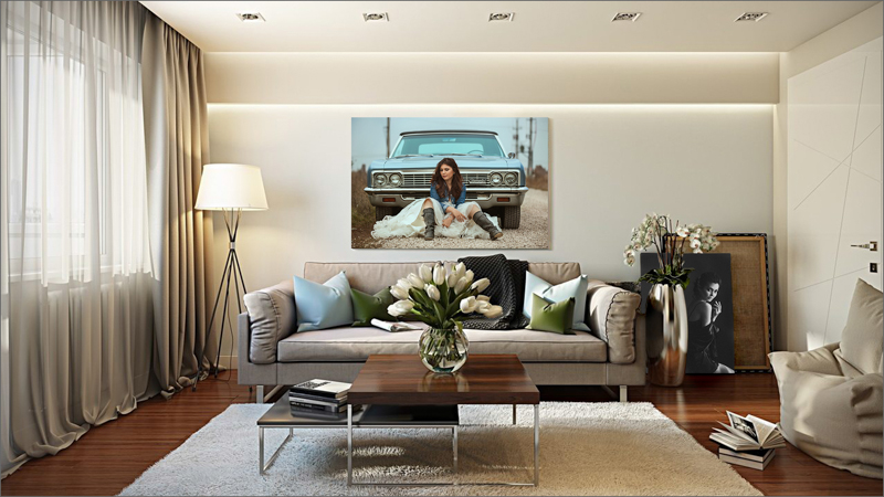 Wild bride with Chevy ss convertible large canvas handged on a pastel living room wall
