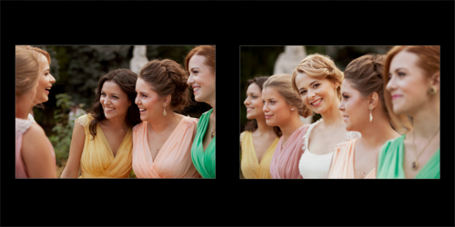 Bride and bridesmaids cracking jokes before wedding