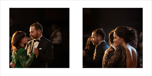Couples dancing romantically at a wedding reception with lights shining softly over them