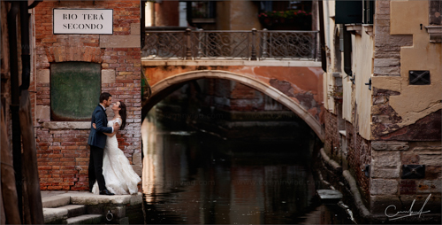 Bride and groom holding each other at their destination wedding in Venice